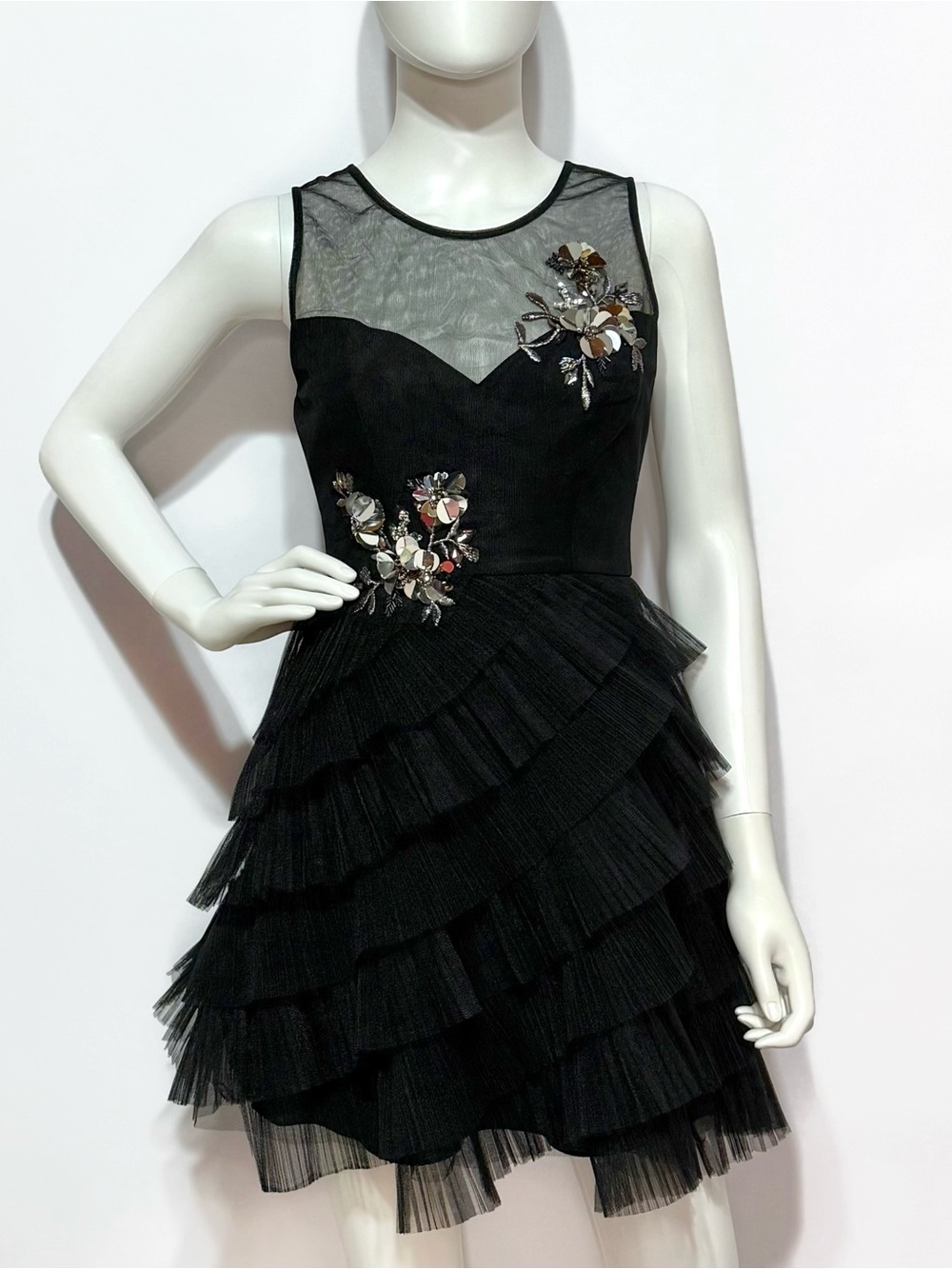 BCBGMaxAzria Black Tiered Tulle Mini Dress with Floral Embellishments | 0